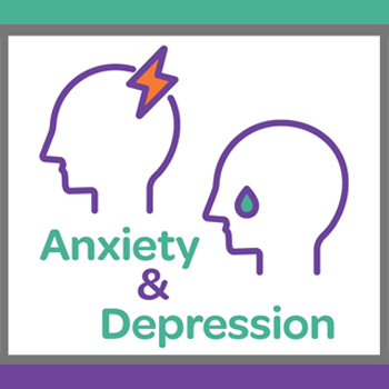 "Anxiety and Depression" with icon of lighting in head and crying head